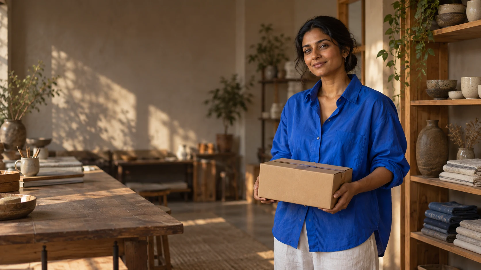 Independent founder preparing a parcel in her homeware studio