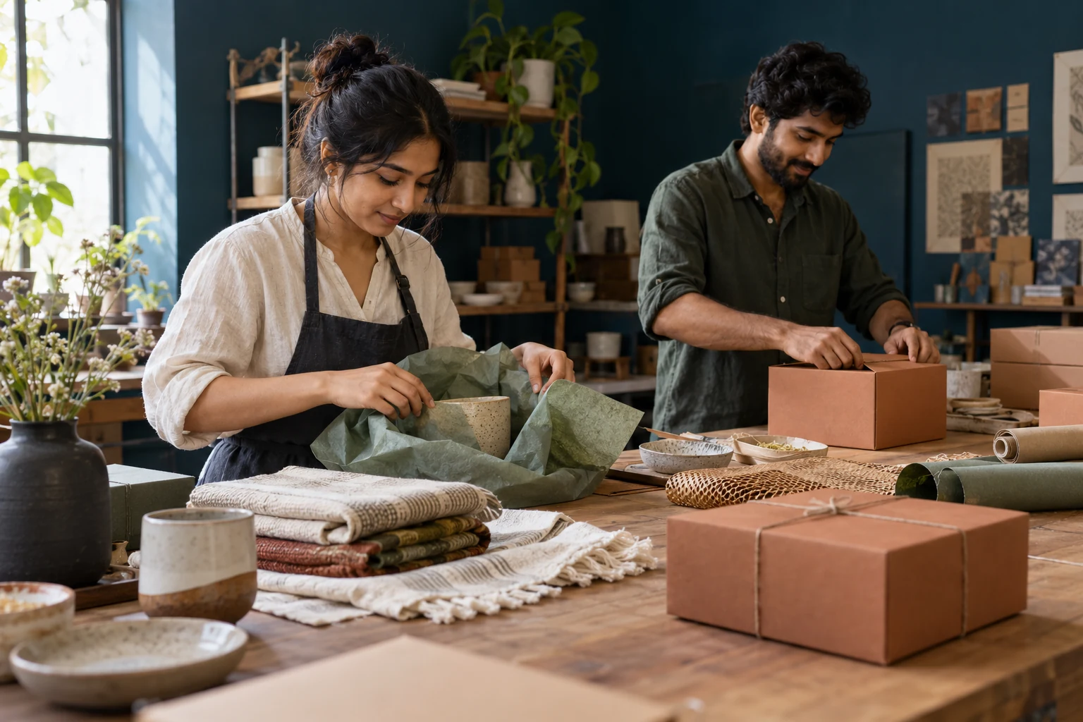 Two independent founders packing products in a shared fulfillment studio