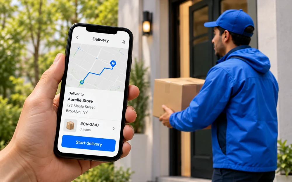 Illustrative delivery app and delivery person carrying a parcel