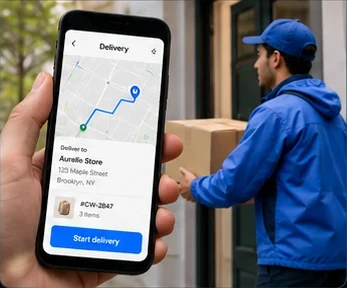 A courier with the delivery app open on the route to the customer