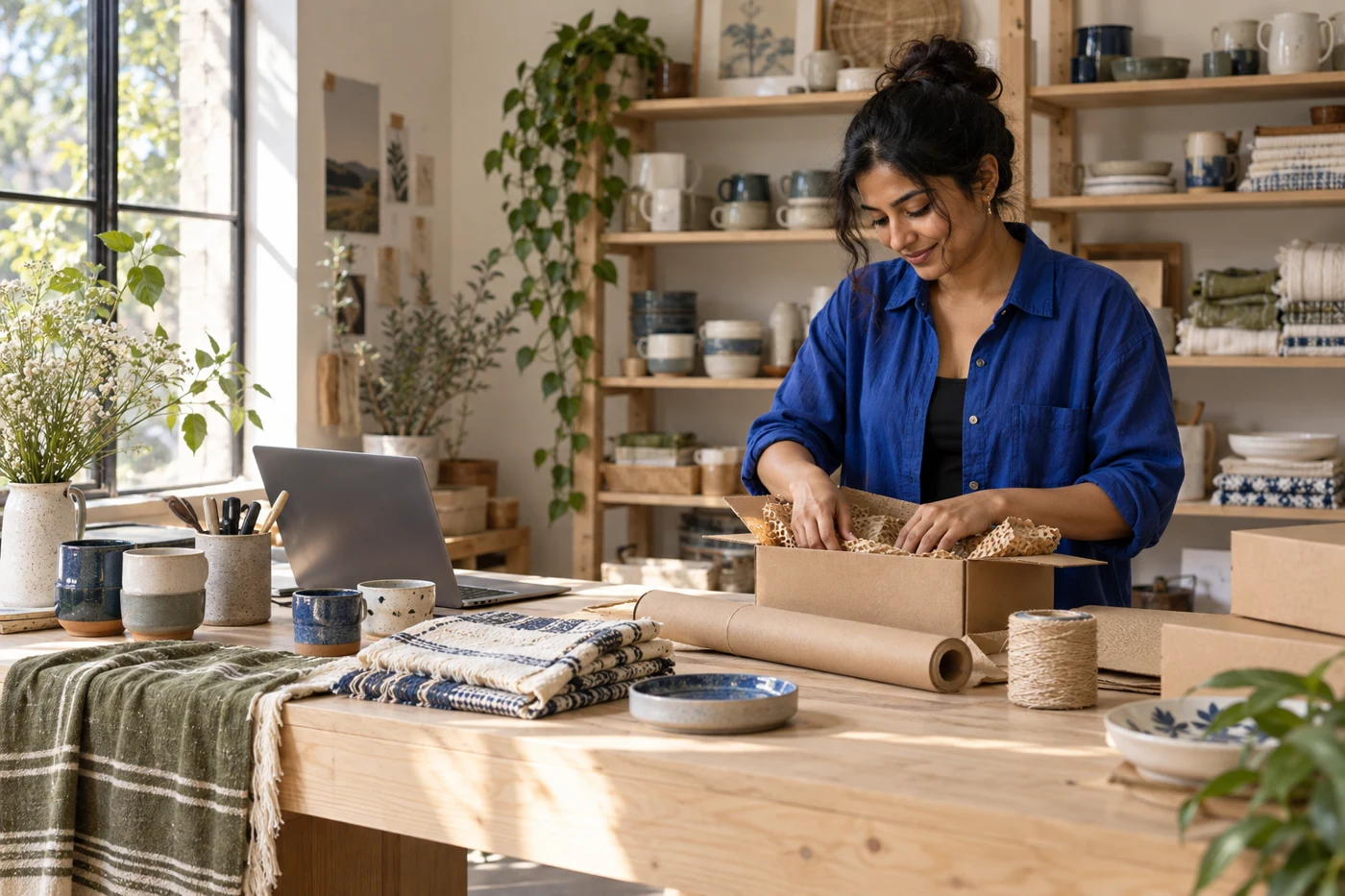 Illustrative independent merchant packing a homeware order