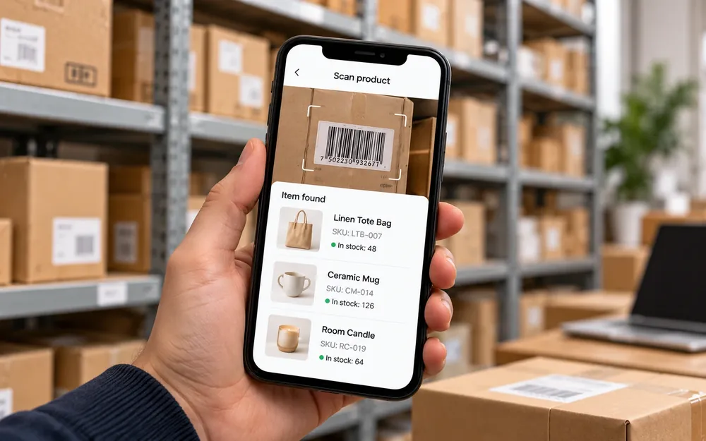 A phone scanning a barcode in a stockroom and showing stock levels