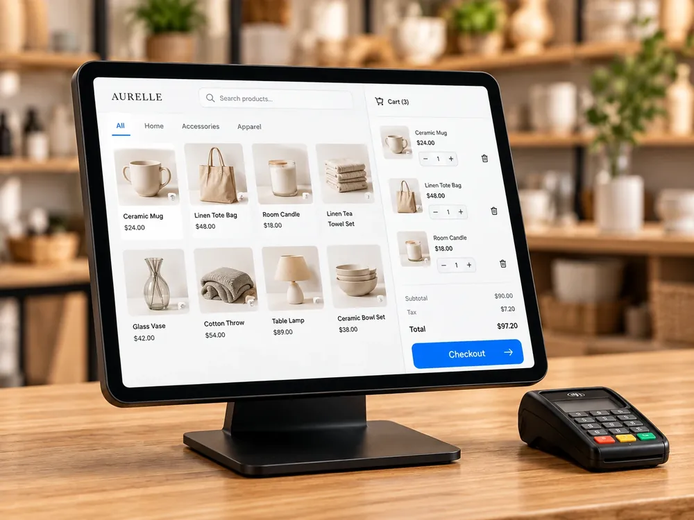 The point-of-sale screen on a shop counter, beside a card reader