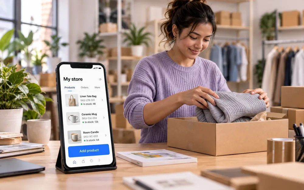 A seller packing an order beside the vendor app