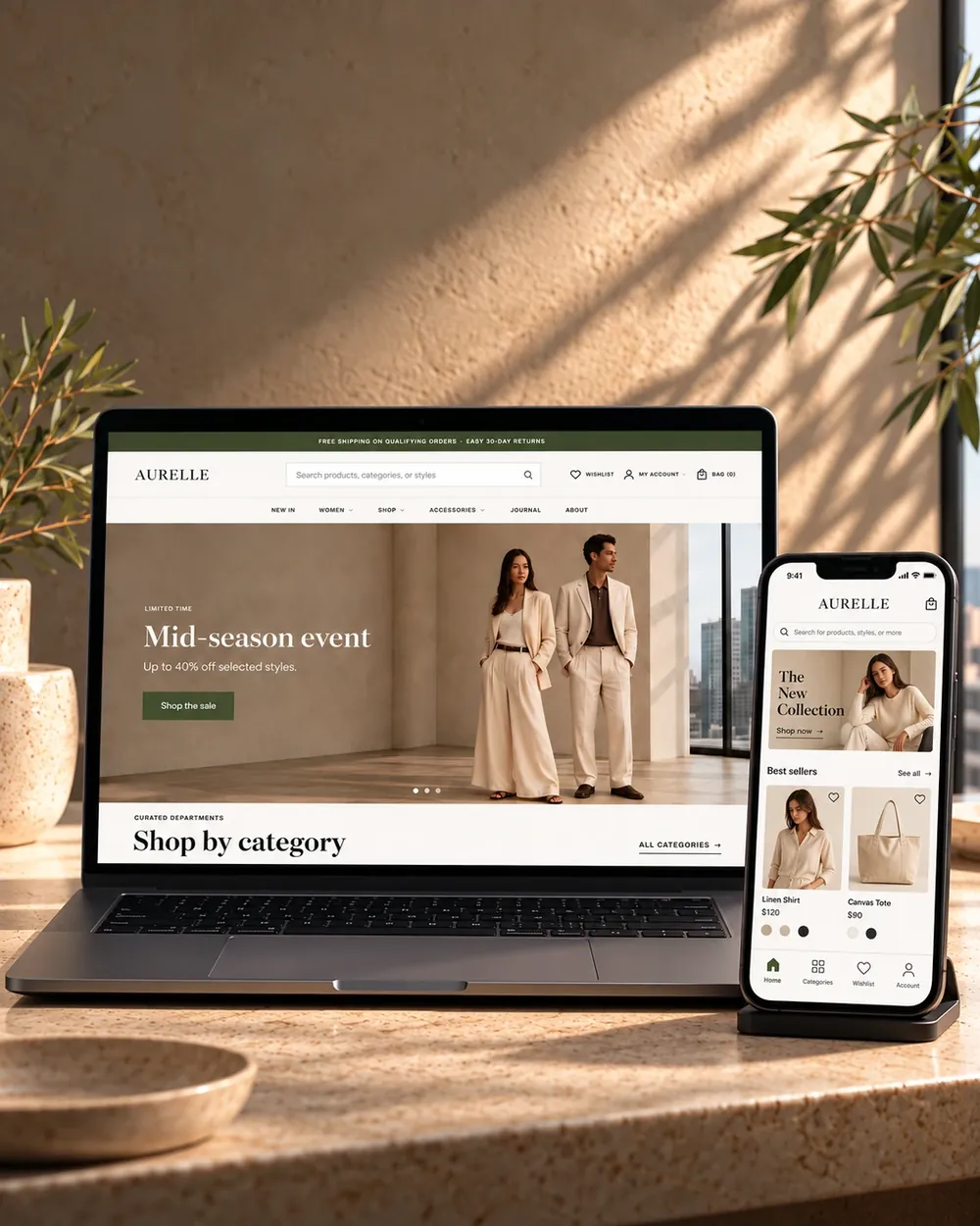 A Cartwhizz storefront open on a laptop, with the same store in the shopping app on a phone