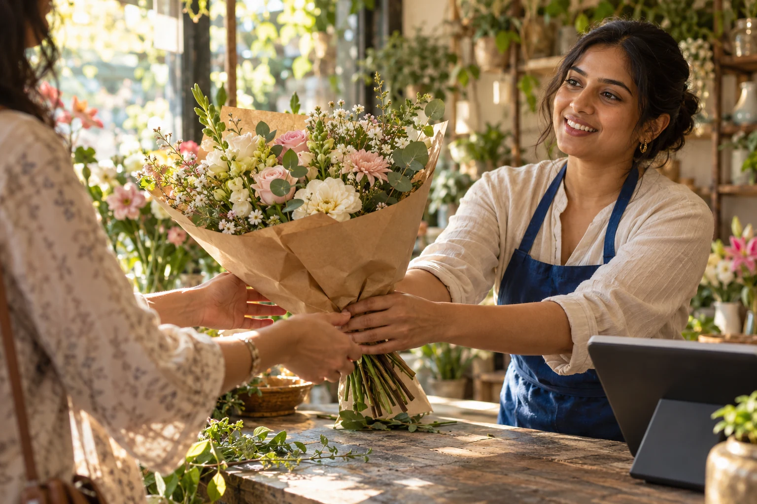 Florist handing a bouquet to a customer at her store counter