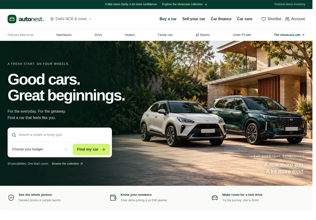 The Auto theme: a vehicle showroom with a budget search and a featured pair of SUVs