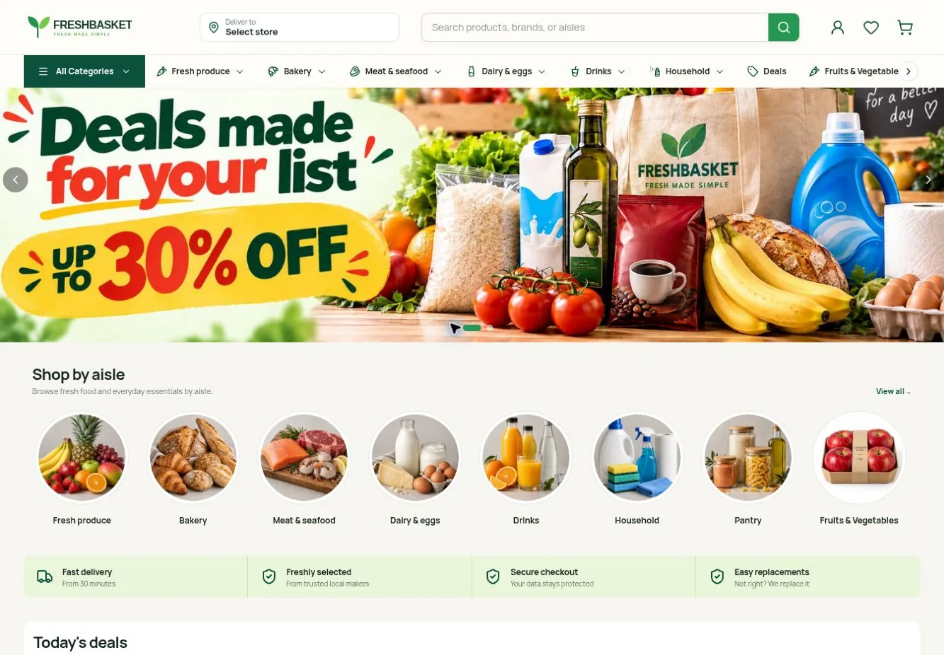 The Basket theme: a grocery storefront with category aisles and a deals banner