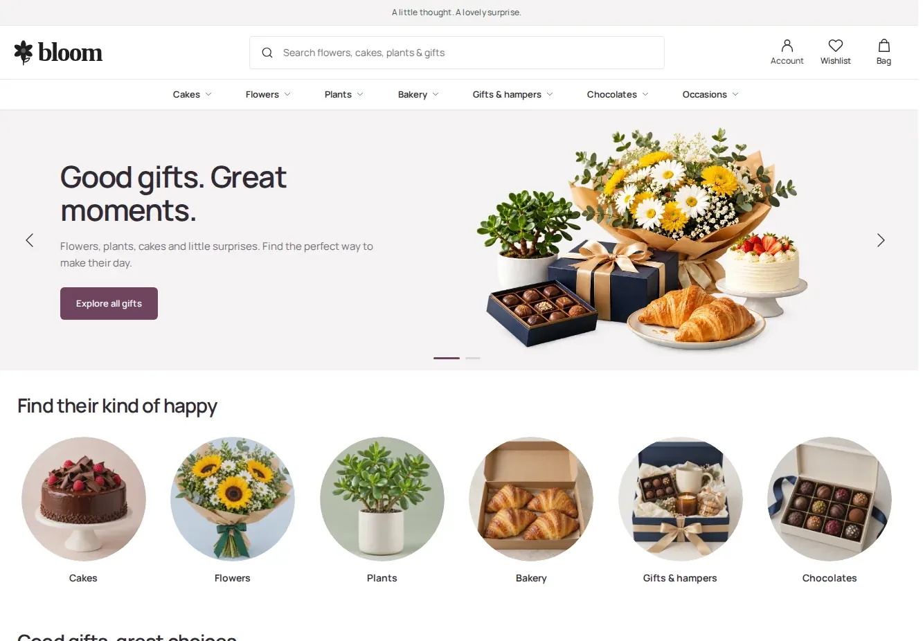 Bloom florist storefront with bouquets, cakes and gifts
