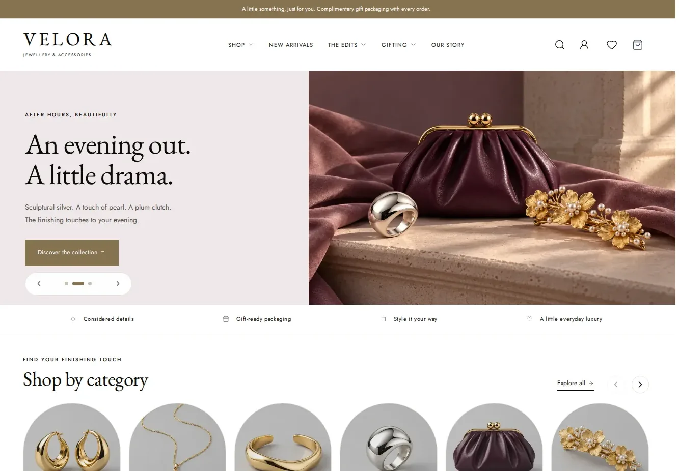 Velora jewellery storefront with ring and necklace collections