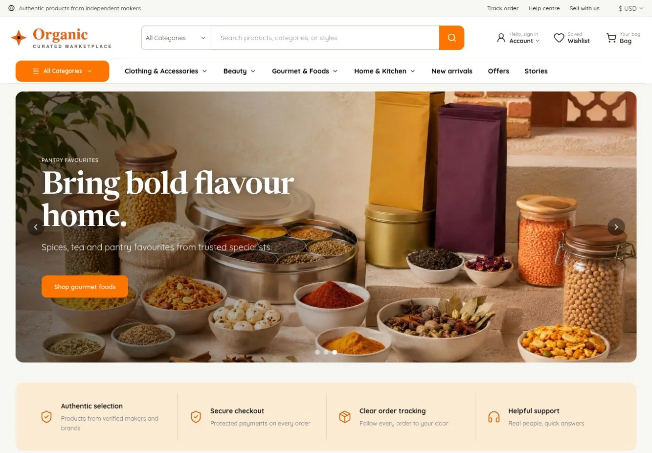 The Organic theme: a curated marketplace storefront featuring pantry favourites