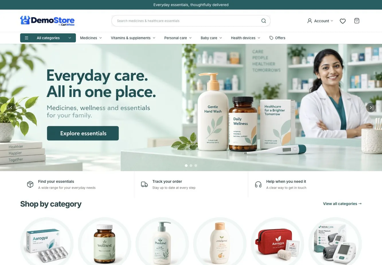 Pharma storefront with everyday care products