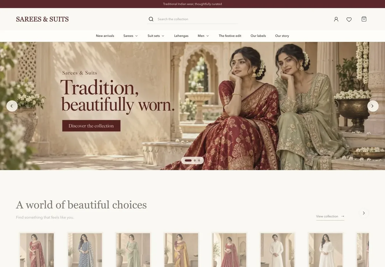 Silk storefront with sarees, suit sets and occasion wear