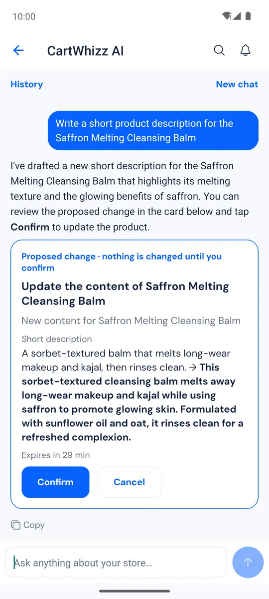CartWhizz AI proposing a new product description with Confirm and Cancel