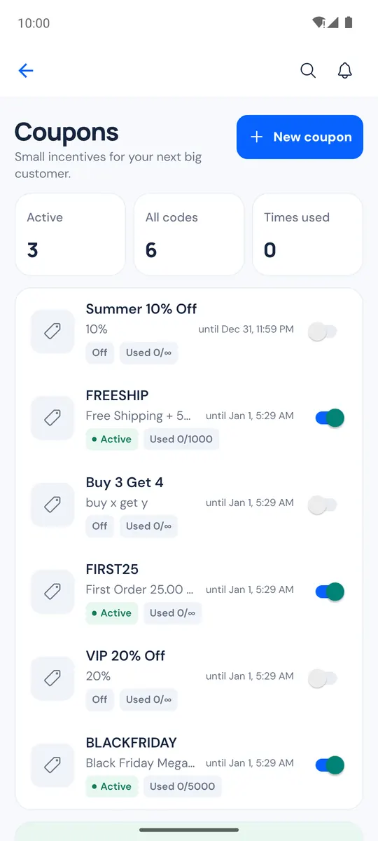 Discounts screen with coupons and New coupon