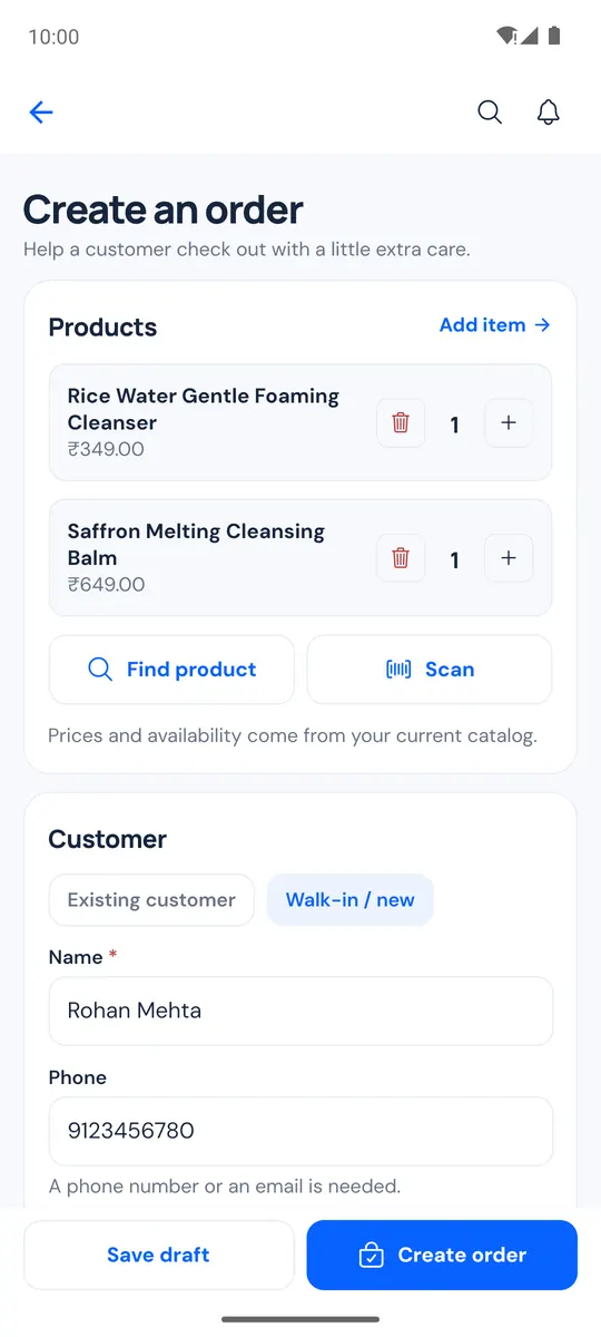 Create an order screen with products, customer, delivery and payment