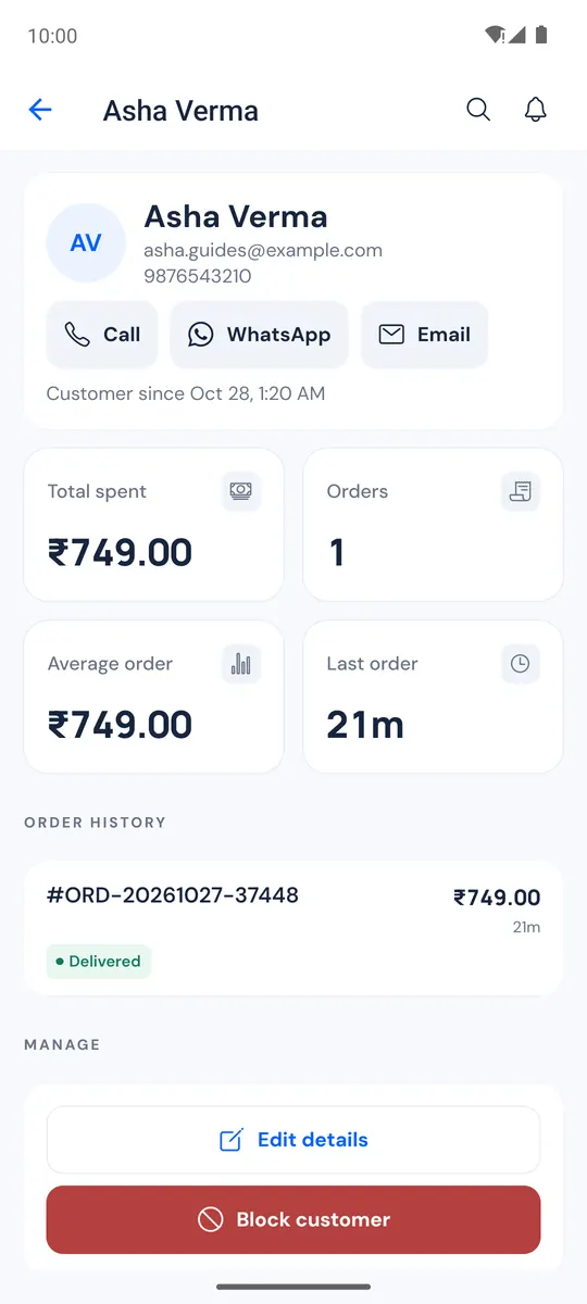 Customer detail with contact buttons and order history