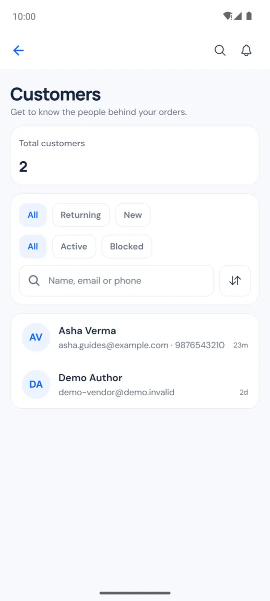Customers list with segments and search
