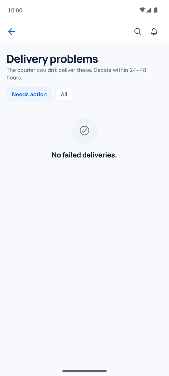 Delivery problems screen with the Needs action filter