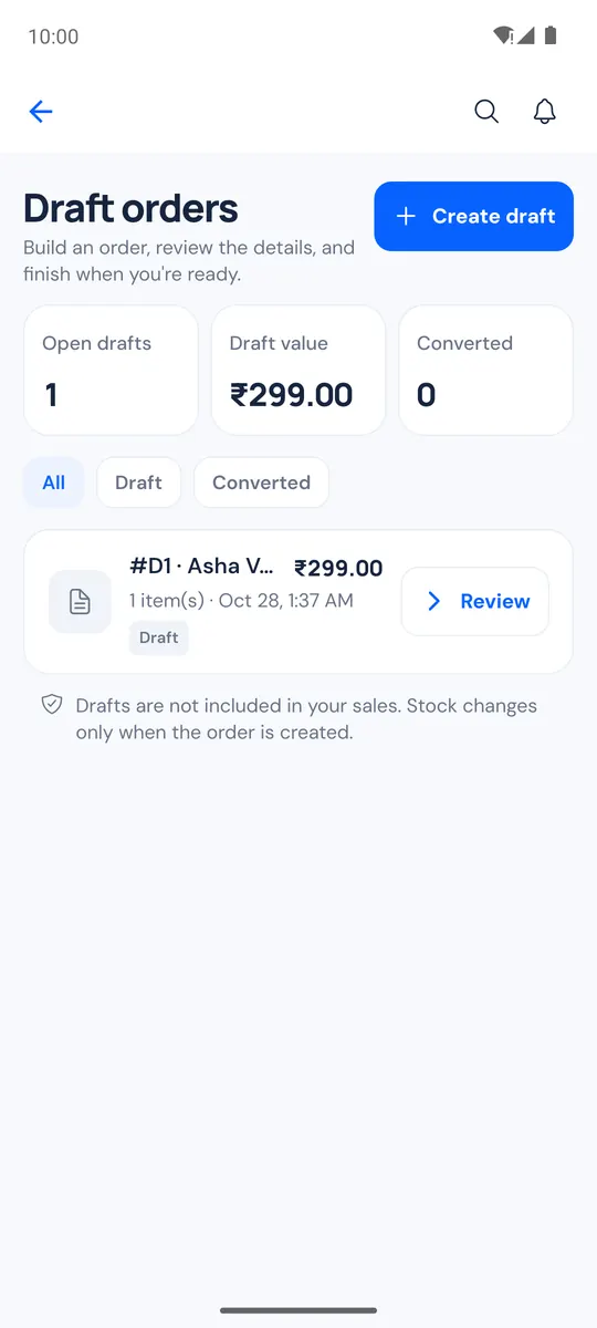 Draft orders list with open drafts and their value