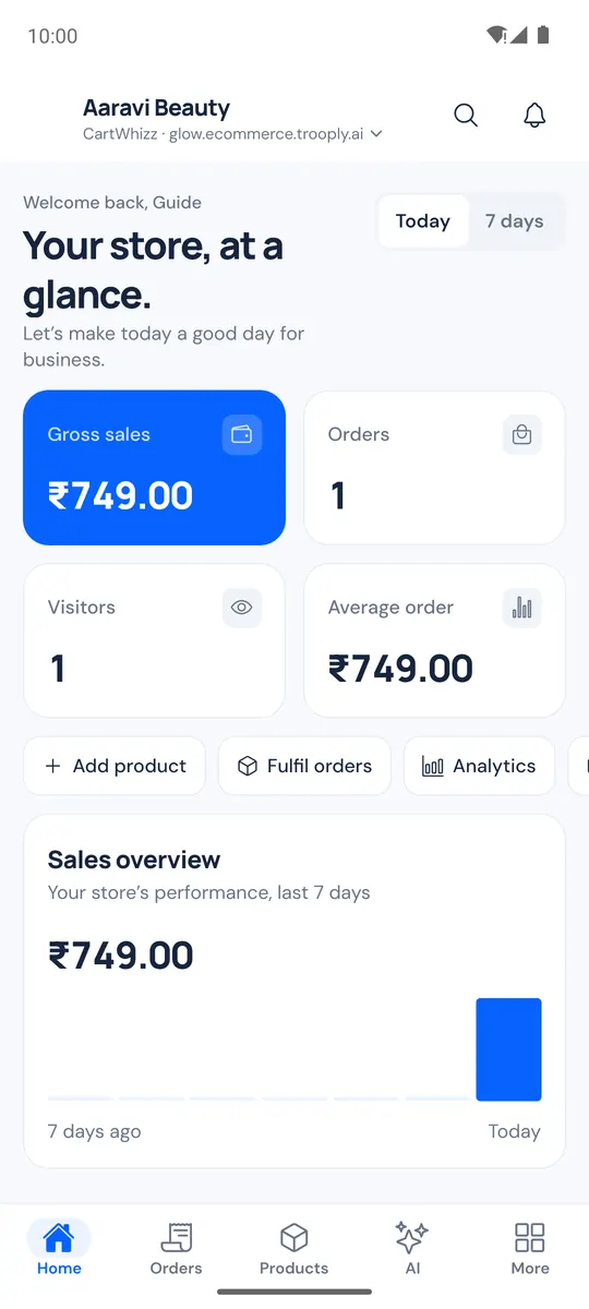 Home tab with today's sales, orders, visitors and quick actions