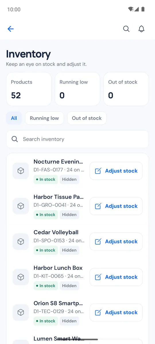 Inventory screen with products running low