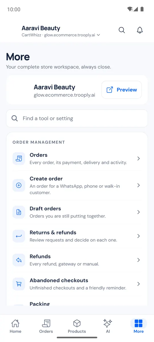 More tab with the grouped list of tools