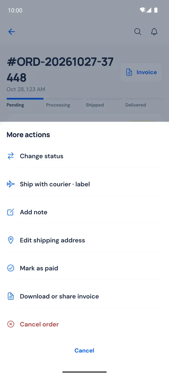 More actions sheet on an order