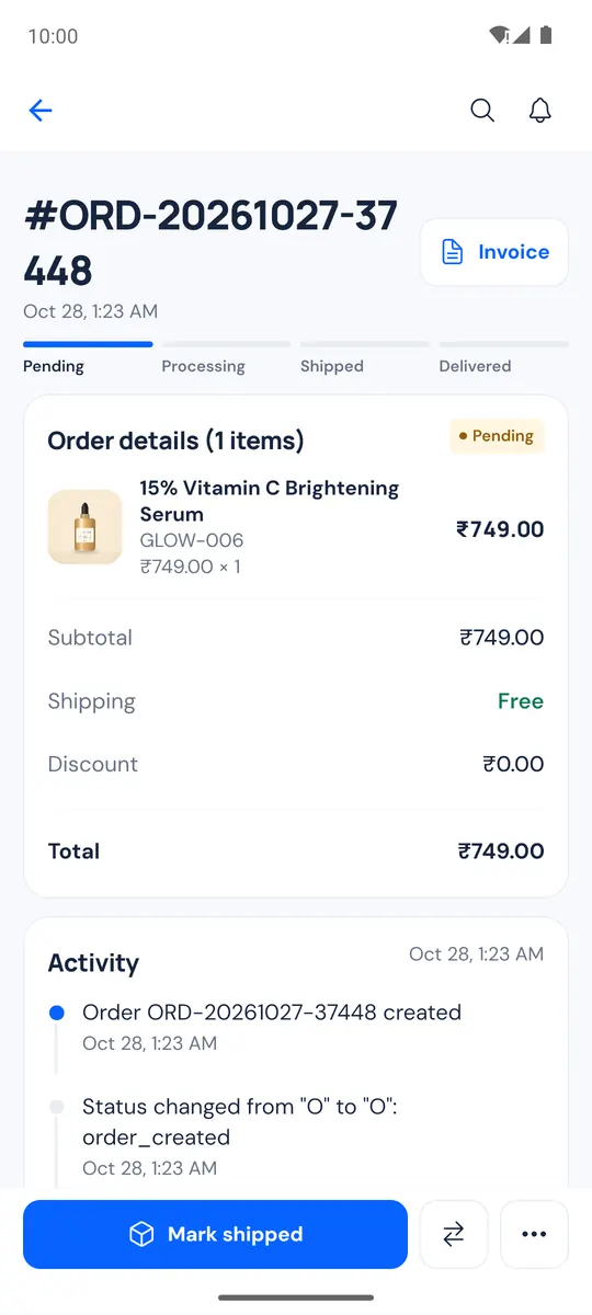 Order detail with items, customer, address and payment