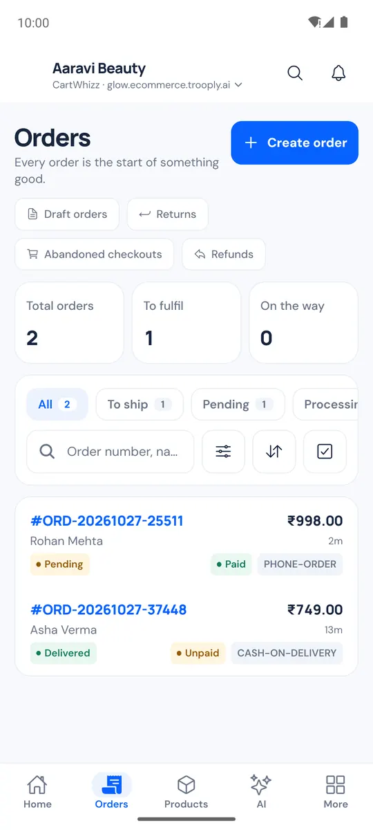 Orders tab with status chips, search and the order list