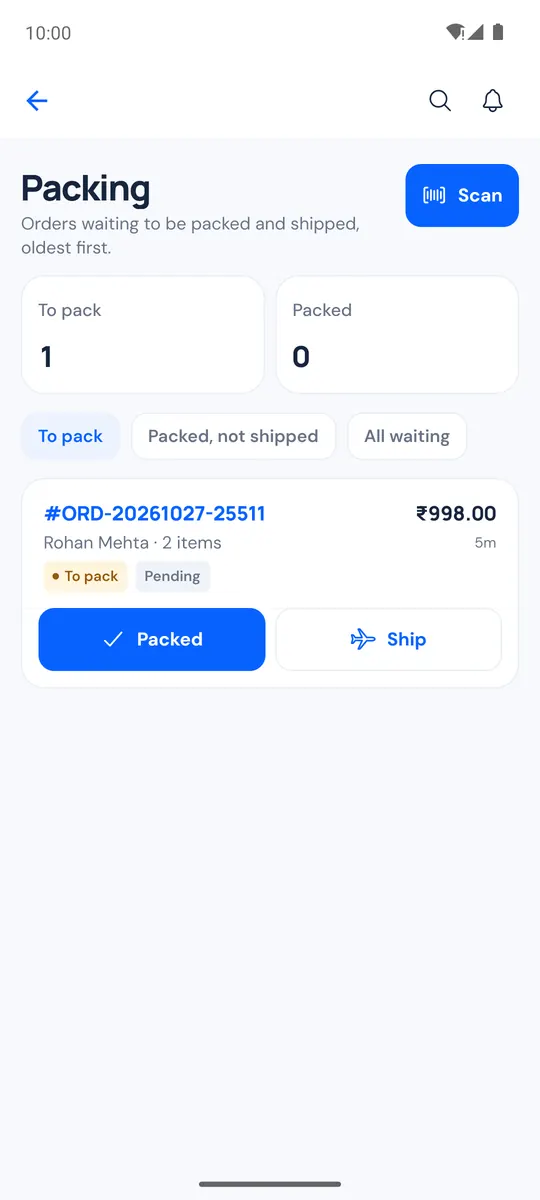 Packing screen with To pack orders and the Scan button