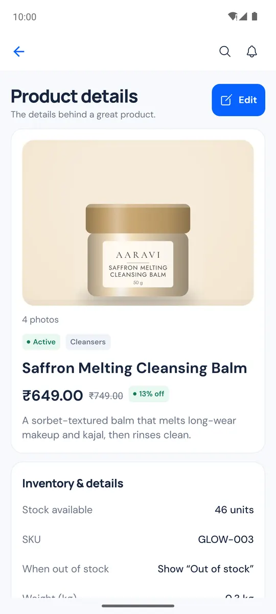 Product details with photos, price and the Edit button