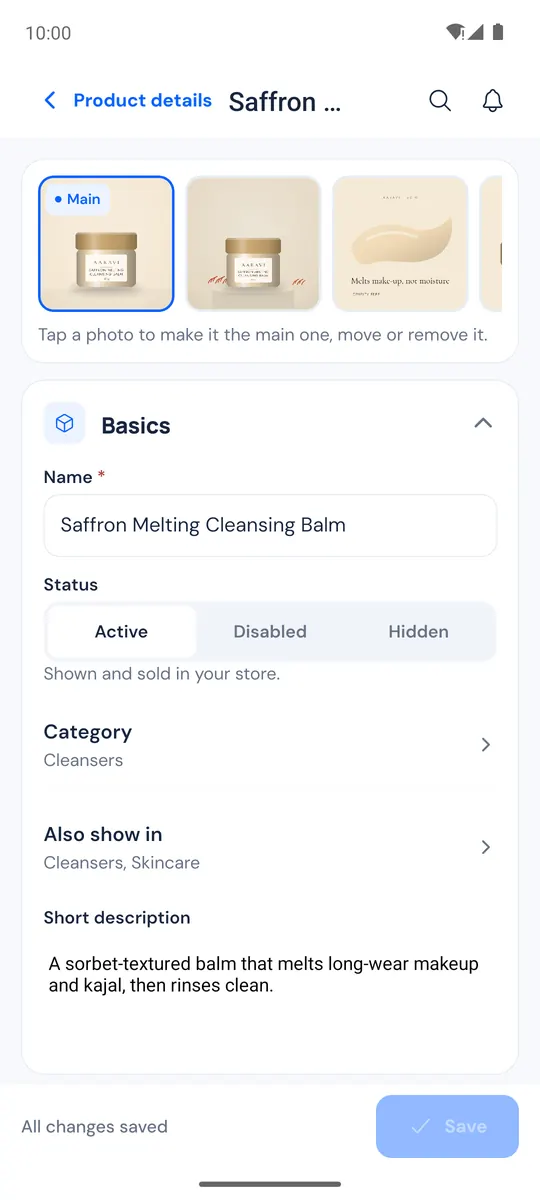 Product editor with photos and the Basics section