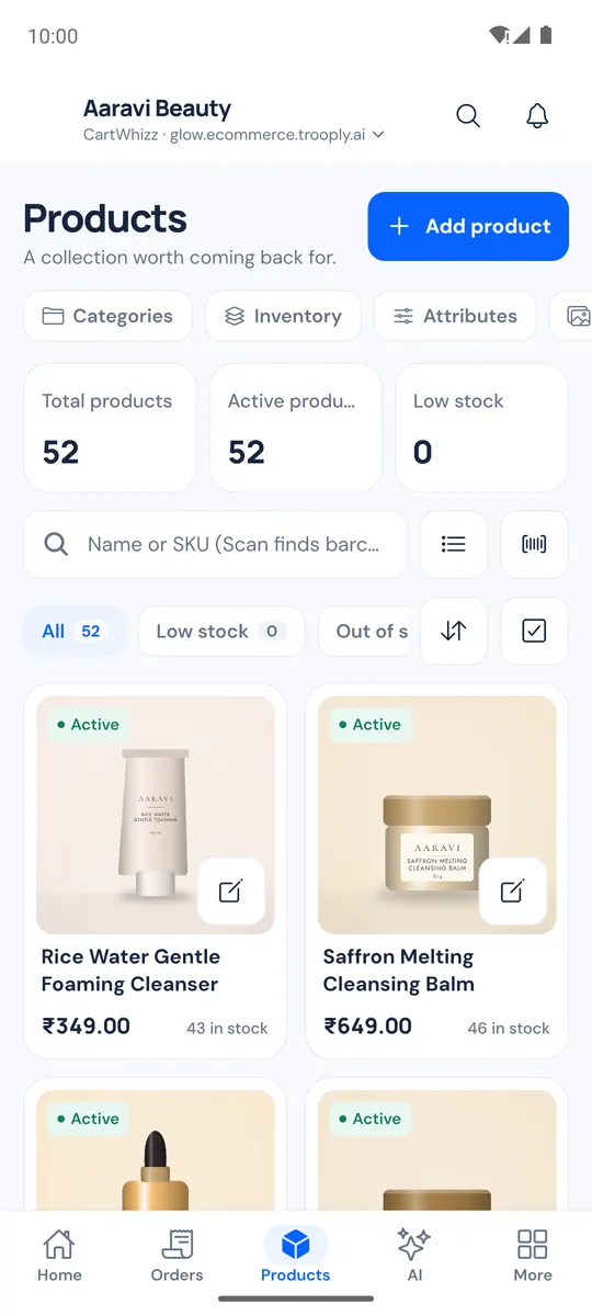 Products tab with filters, search and the product list