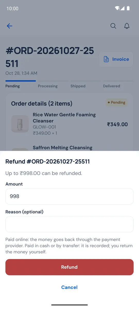 Refund form with the amount and reason