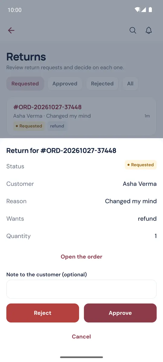 Return request with the reason and the Approve and Reject buttons