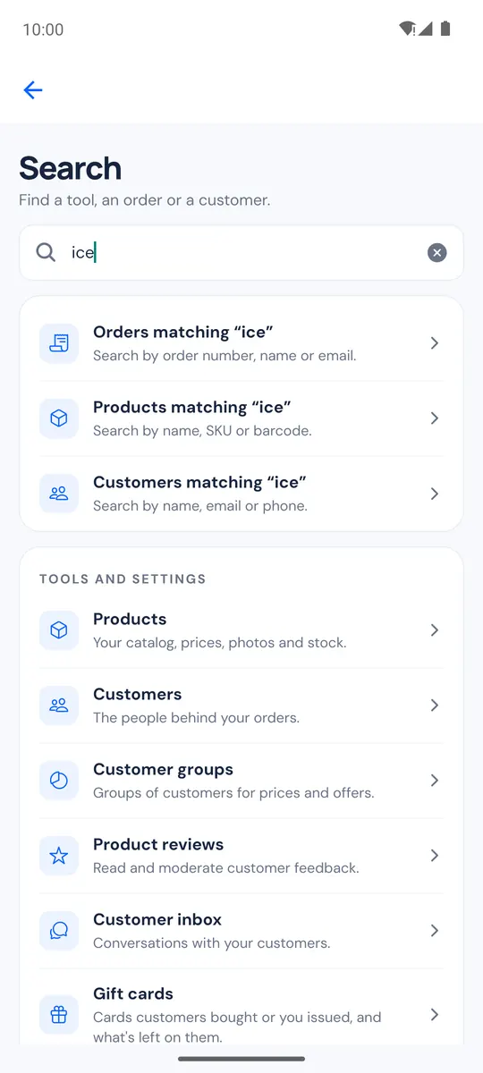 Search screen finding tools, orders and customers