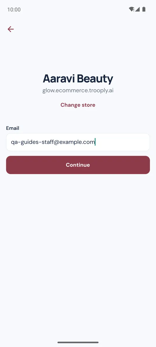 Email screen showing the store name and the Change store link