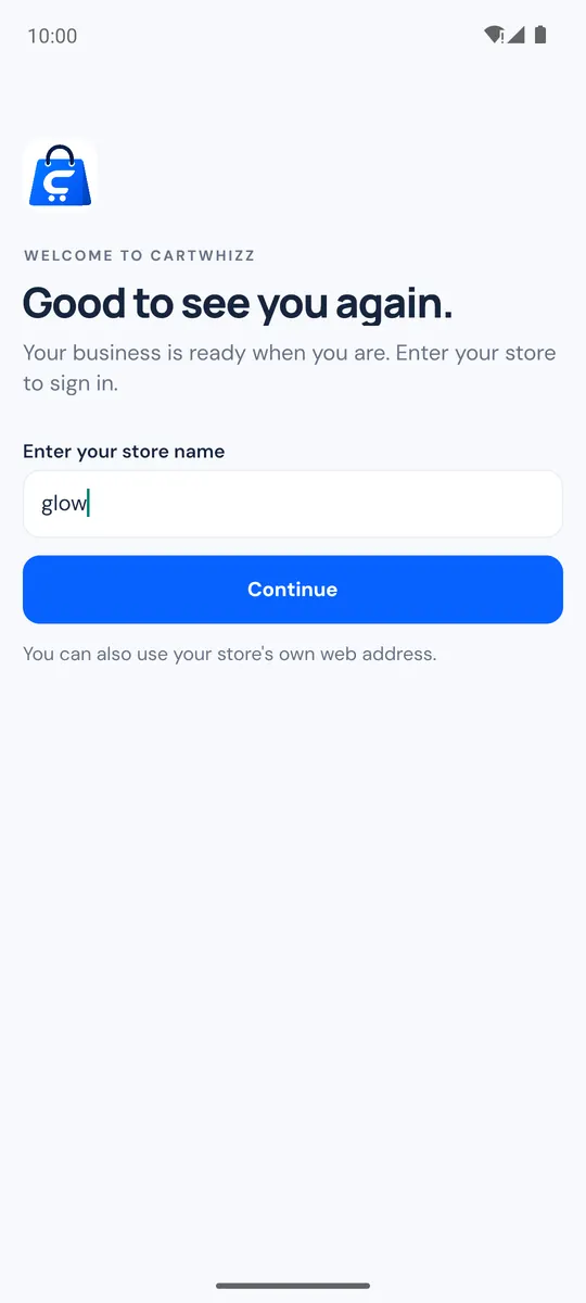 Store screen of the CartWhizz Admin app asking for the store name