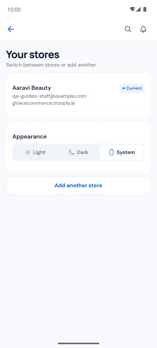 Your stores screen with the current store and Add another store
