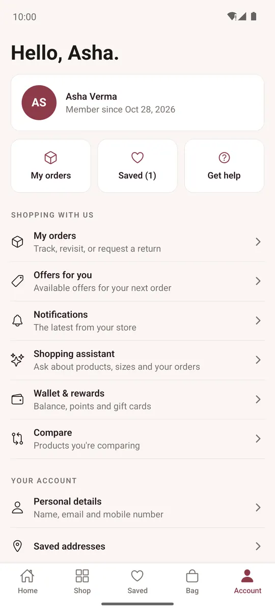 Account tab with orders, saved items and settings