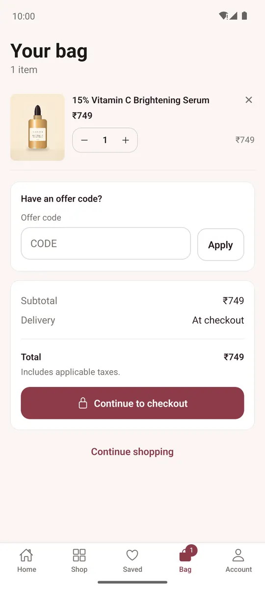 Bag with items, an offer code field and the total