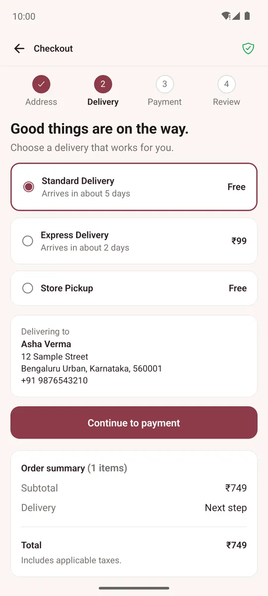 Checkout delivery step with delivery options