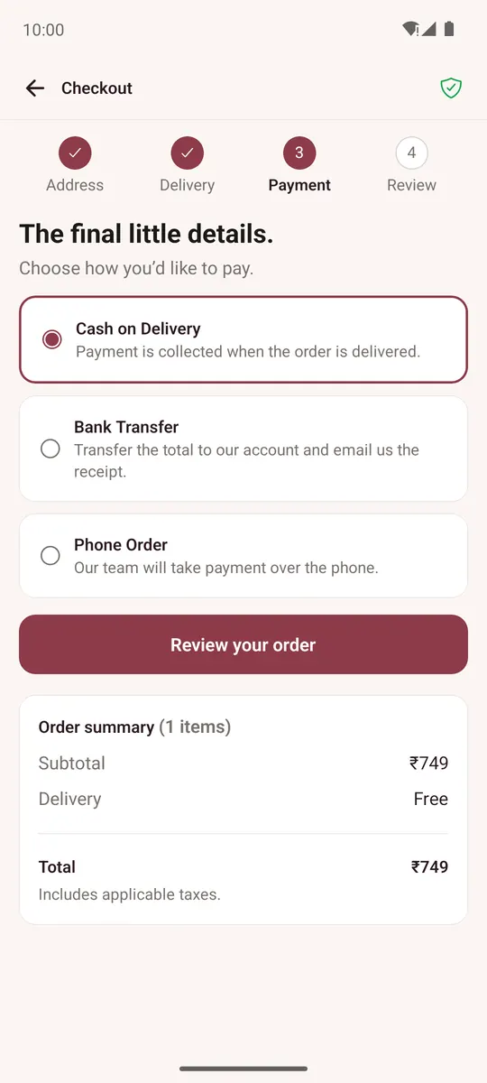 Checkout payment step with cash on delivery