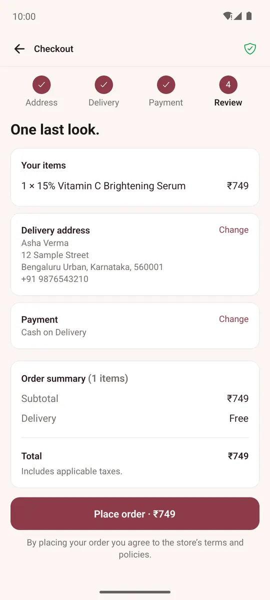 Checkout review step with the Place order button
