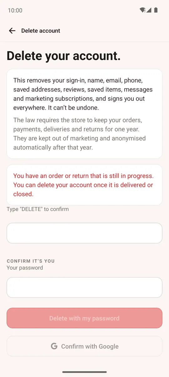 Delete account screen explaining what is removed