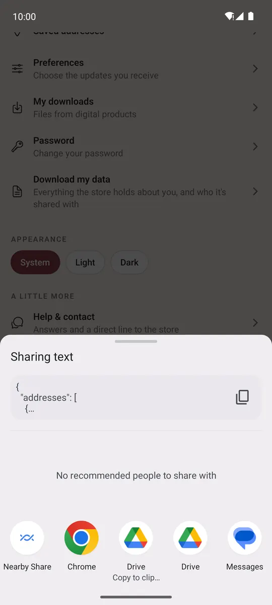 The phone's share sheet with the data file