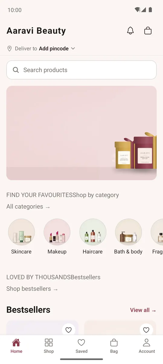 Home of a store's app with banners, categories and bestsellers