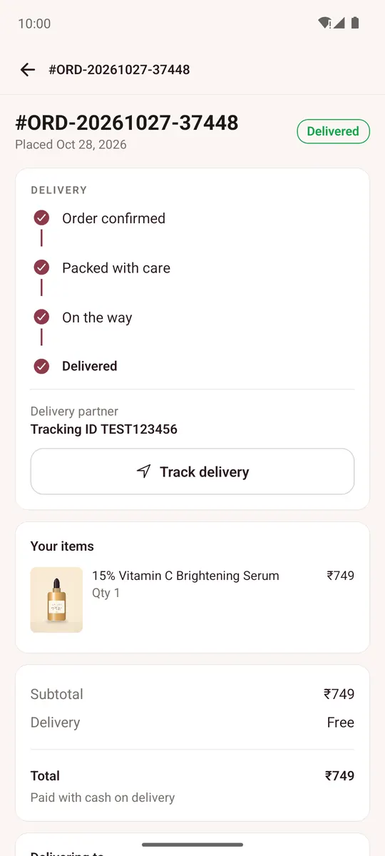 Order detail with progress, items and actions