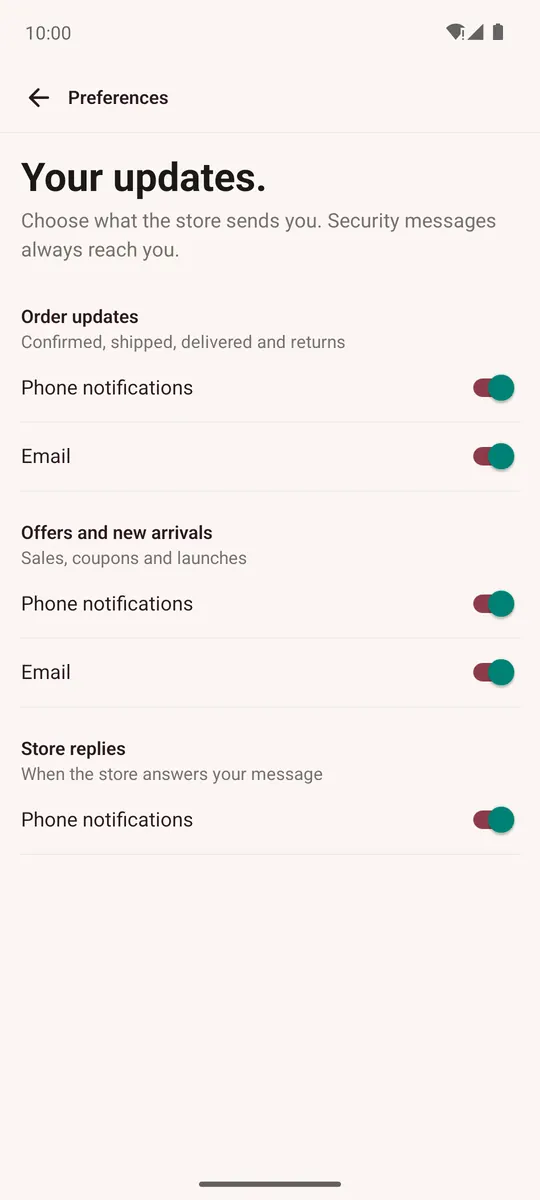 Preferences with order updates, offers and store replies